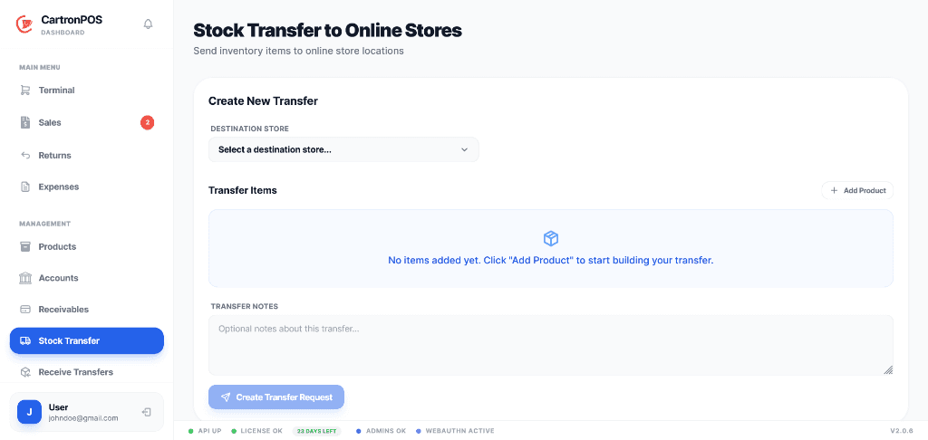 Branch stock transfers screen in CartronPOS